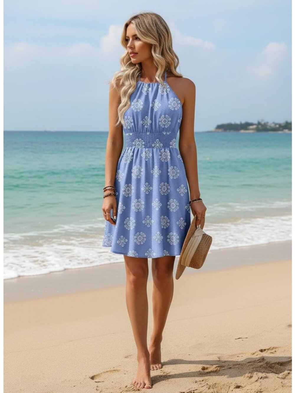 Women's Summer Beach Halter Neck Dresses Sky Blue A Line Mini Dress with Pockets - Picture 5 of 6